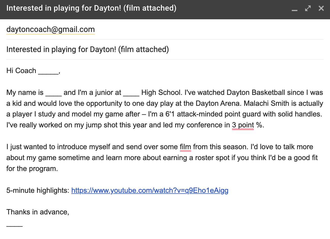 Sample email to send to associate or assistant head coaches for a basketball scholarship